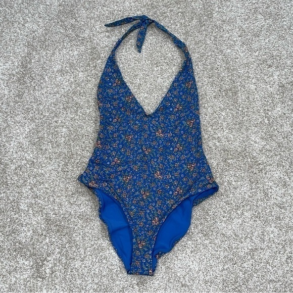Veronica Beard Vickerie Floral Halter One-Piece Swimsuit Nottingham Blue Multi - Picture 1 of 11